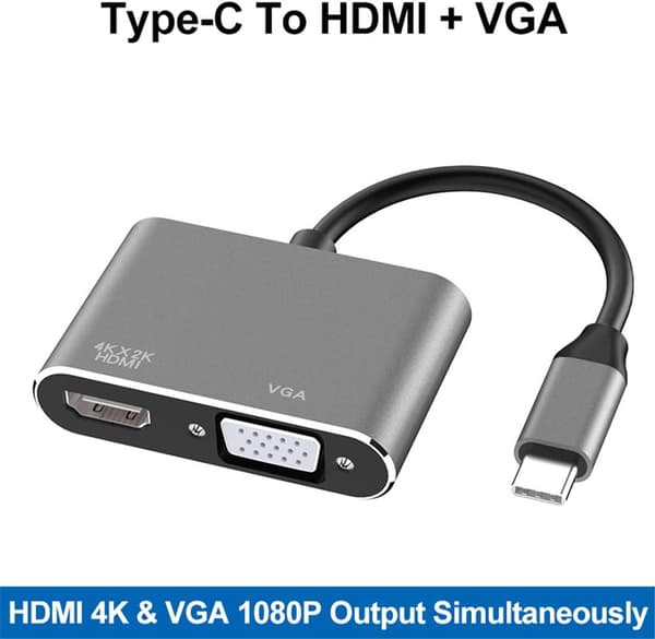 USB-C til HDMI VGA-adapter, 2-i-1 Type C til HDMI 4K, VGA 1080P C