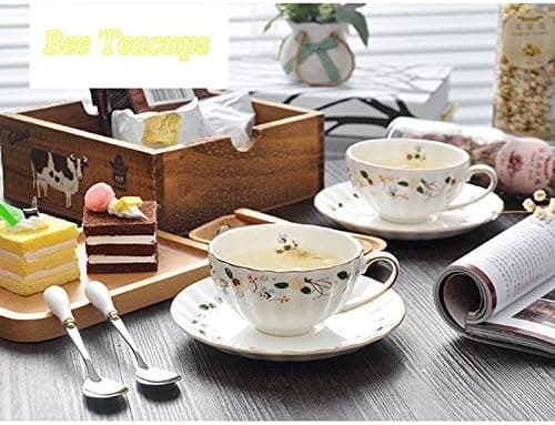 Blomsterbi Tekoppar och fat, Kaffe Benporslinsmugg 1 Set (1 Kopp och 1 fat)