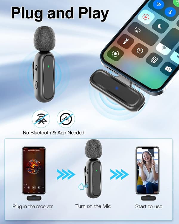Trådløs lavaliermikrofon til iPhone iPad, Dobbelt trådløs lavaliermikrofon med støjreduktion til YouTube/Vlog/Interview/Facebook Live/Videooptagelse