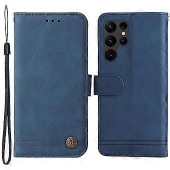 PU Leather Phone Case Compatible For Samsung Galaxy S23 Ultra, Tree Pattern Metal Button Lines Imprinted Wallet Stand Skin-friendly A(Blue)