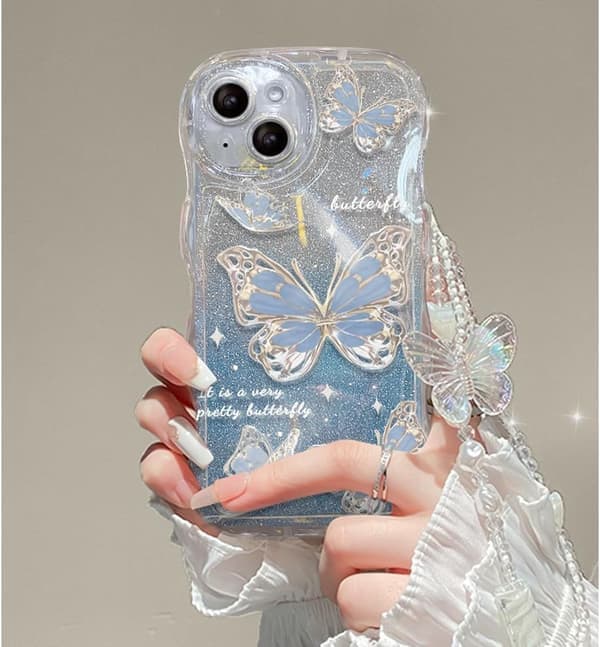 Blå: iPhone-deksel for kvinner/jenter – søt sommerfuglglitter med armbånd, ripebestandig støtsikker – blå Blue iPhone 13 Mini Blue iPhone 13 Mini Blue iPhone 13 Mini