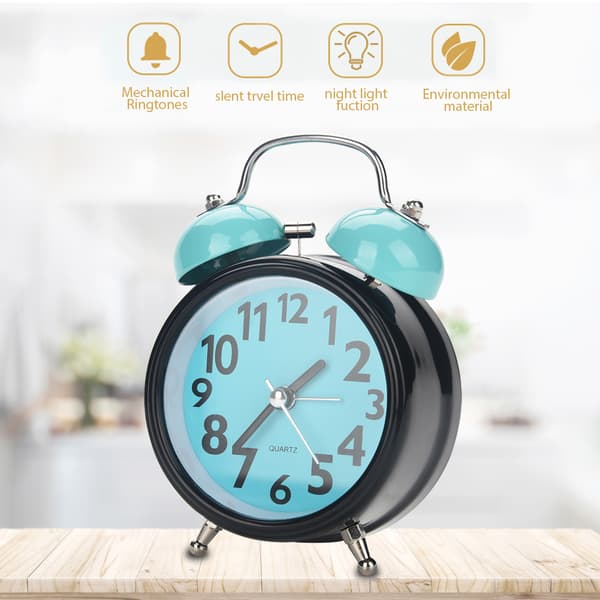 Dual Bell Ultra Silent Mechanical Alarm Clock Quartz Movement Desk Table Night Clock (Blue)