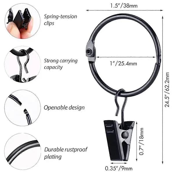 42-pak Åbningsbare gardinringe med clips, 2,54 cm indvendig diameter, kraftige rustfri dekorative
