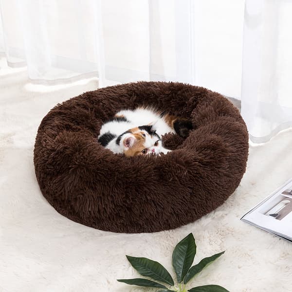 Varm hundeseng, fluffy kattekurv, XS størrelse 50cm, brun, 1 stk, vaskbart kjæledyrrede
