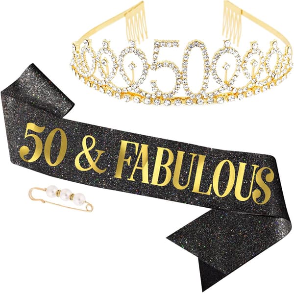 50-årsdagskrone Kvinne Bursdagssash, Rhinestone Tiara Krone