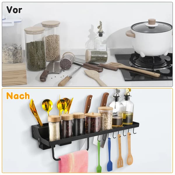 Spice Rack Wall, 50 cm Wall Mounted Kitchen Shelf with 8 Hooks, Hanging Kitchen Holder No Drilling for Kitchen, Bathroom