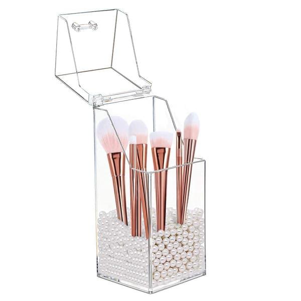 Makeupbørsteholder Organizer med låg og perle, Klar firkantet