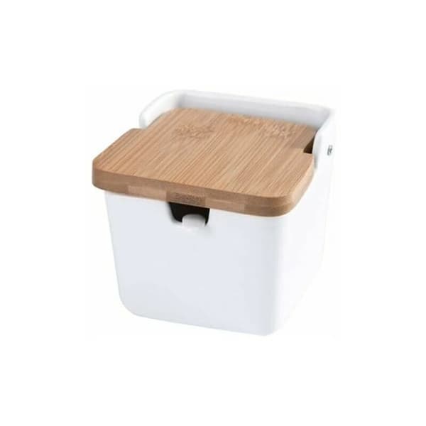 Square ceramic spice jar with bamboo spoon and lid (white)