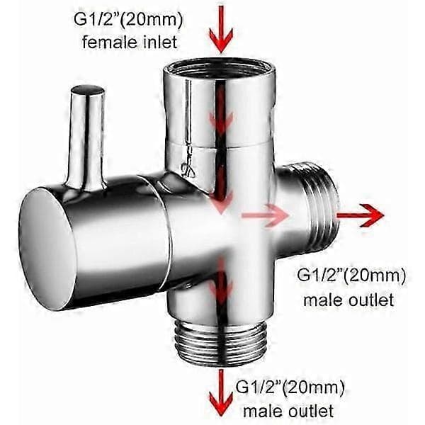Messing bruseventil med T-adapter G1/2 \" Brusearm 3-vejs omskifter Universal 3-vejs messing forkromning til køkken badeværelse