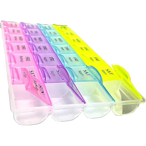 REQUISITE NEEDS Weekly Pill Organizer 7 Days 28 Compartments Tablet Organizer with Labels for Medications Supplements, Vitamins