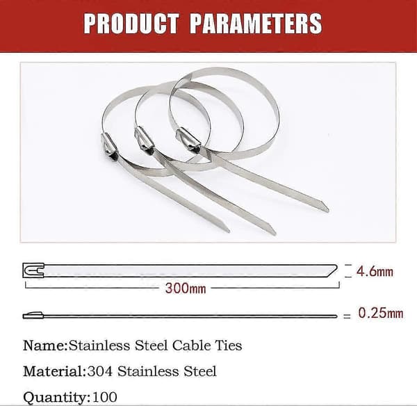 100 stk Kabelbindere 300mm, Kabelbindere Metal, Rustfrit Stål Kabelbindere, Kabelbindere Metal (FMY)