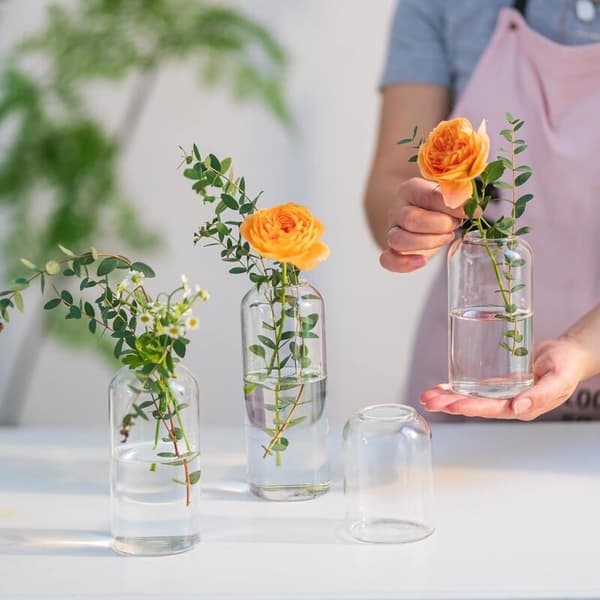 Glasvaser til blomster - Små moderne mundblæste glasvaser til midtpunkter, sæt med 3, mini klare blomstervaser i bulk (blomst medfølger ikke)