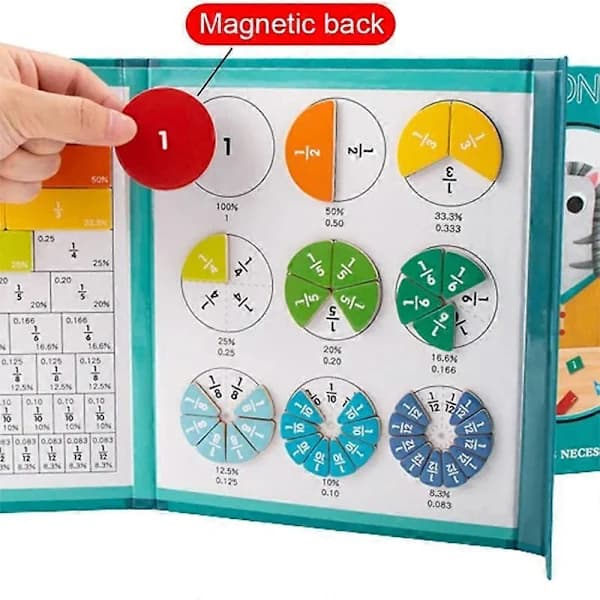 Magnetisk brøkregning, matematik, undervisningsmateriale, Montessori, aritmetik, undervisningsmateriale, træbog, pædagogisk legetøj til børn