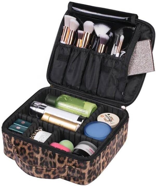 Leopardmønstret PU-læder makeuptaske, kosmetisk makeuptaske, organiseringsetui med justerbar