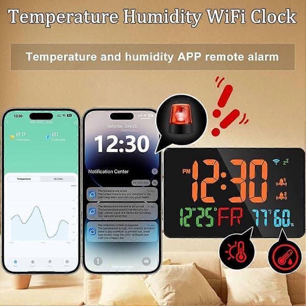 Digital Clock Alarm Clock WiFi Clock, Extra Large Letters, Temperature & Humidity, Calendar, Week, B
