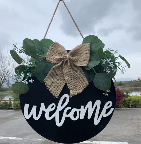 (Sort) Velkomstskilt til hoveddør, rundt velkomstskilt i træ til ophæng