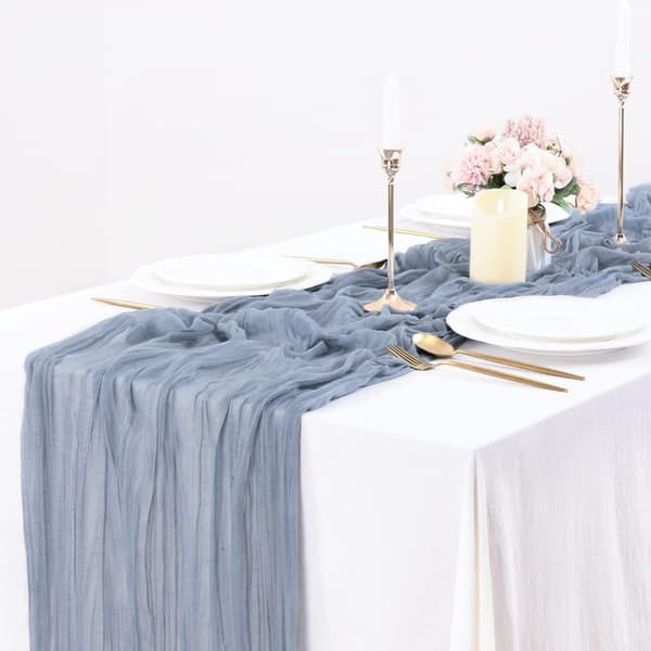 Blå Bordløber i Gaze, 90 x 400 cm Rustik Gennemsigtig Gaze, Boho Bordløber, Blå Chiffon Dug til Bryllup Sho