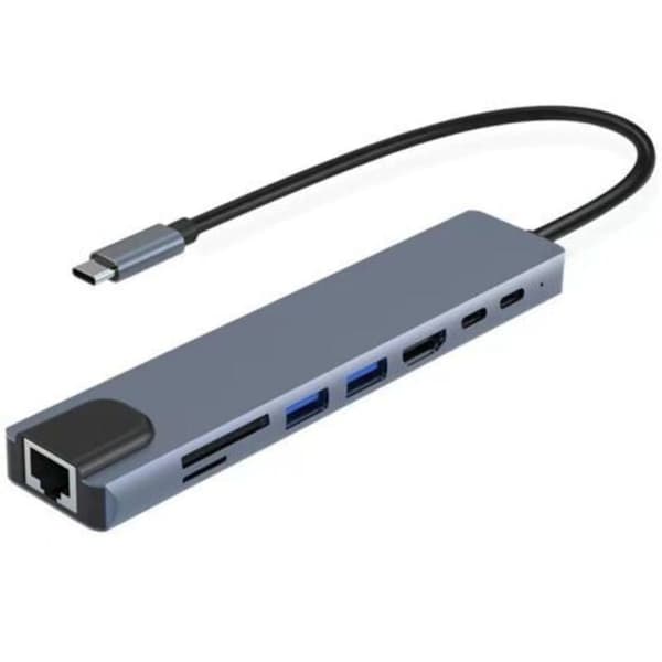 8-i-1 USB-C dokkingstasjon: Multiportadapter med USB 3.0, USB 2.0, HDMI, SD/TF-kortleser og Type-C-dataport – for bærbare datamaskiner