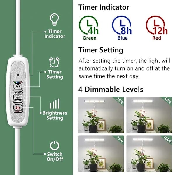1-pakke LED-vekstlampe med 3 lysmoduser og 4-trinns dimmer