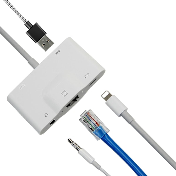 Lightning till RJ45 Ethernet Lan Trådbunden Nätverksadapter 5 i 1 USB OTG Lan RJ45 Ethernet 3,5 mm Hög Hastighetskonverterare (FMY)