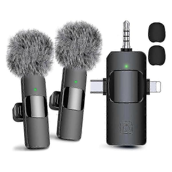 3-i-1 trådløse lavaliermikrofoner til Android, kamera, USB-C-mikrofon, minimikrofon med støjreduktion Sort Svart