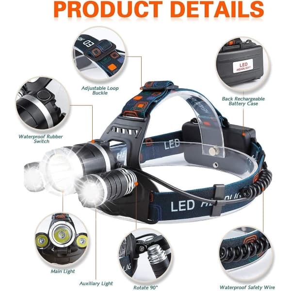 Oppladbar LED-hodelykt, 5000 lumen hodelykt, supersterk T6 LED-hodelykt, vanntett hodelykt med 2 batterier, USB-ladekabel for ca.