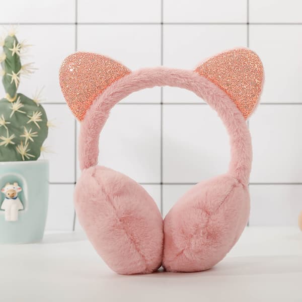 Søde ørevarmere med pailletter til piger - pelsforede, varme ørevarmere - pink