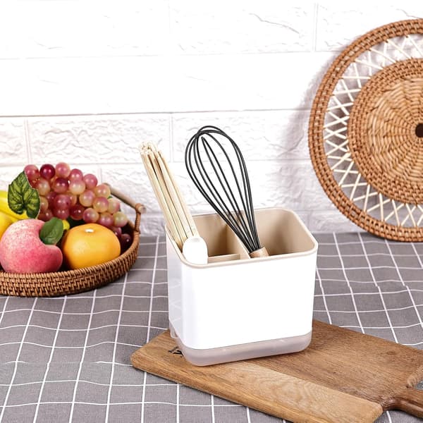 Kitchen Organizer, 3 Compartment Chopsticks Spoon Cutlery Holder with Tray, Kitchen Storage (Apricot)