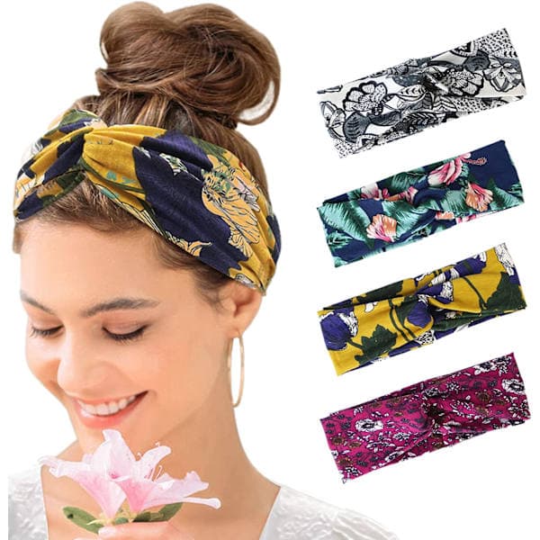 Sæt med 4 hårbånd til kvinder Boho blomsterstil krydset pandebånd