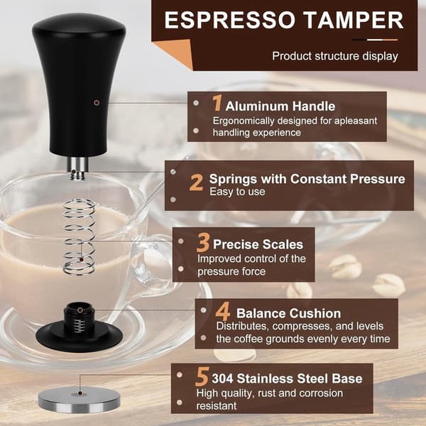Kaffetamper, manuel tamper, tamper, med kalibreret fjeder, 100 % flad - tamper i rustfrit stål