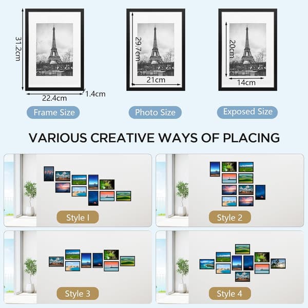 Fotorammer, sæt med 3, 21 x 29,7 cm, sort, A4-størrelse, egnet til vægmontering eller bordvisning, boligindretning