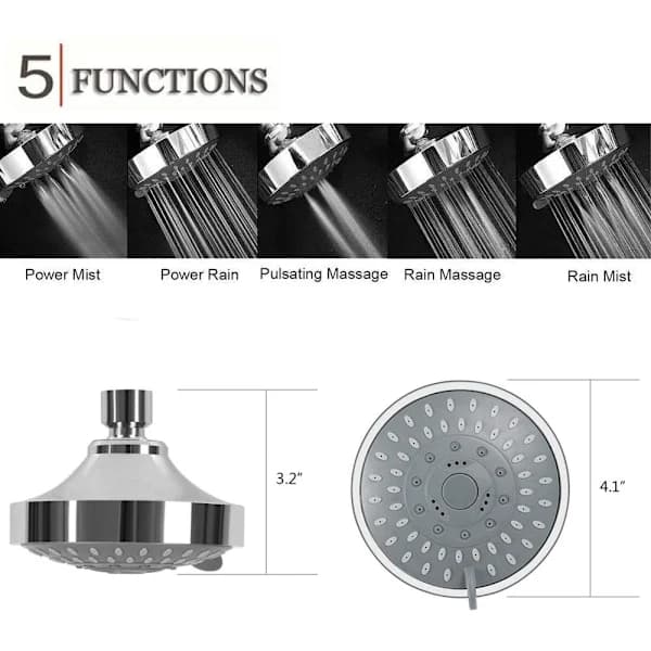 Duschhuvud 4 tum Regndusch Högtryck Duschmunstycke 5 Sprayinställningar med Justerbar Metall Kulled, Fast Montering