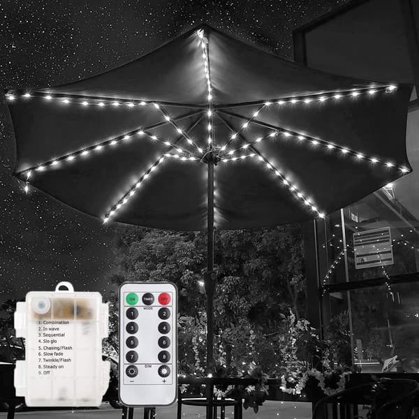Waterproof 104 LED Battery Operated Umbrella Lights with Remote Control, 8 Lighting Modes (White) [Energy Class A]