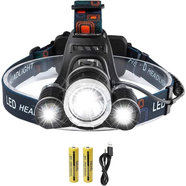Oppladbar LED-hodelykt, 5000 lumen hodelykt, supersterk T6 LED-hodelykt, vanntett hodelykt med 2 batterier, USB-ladekabel for ca.