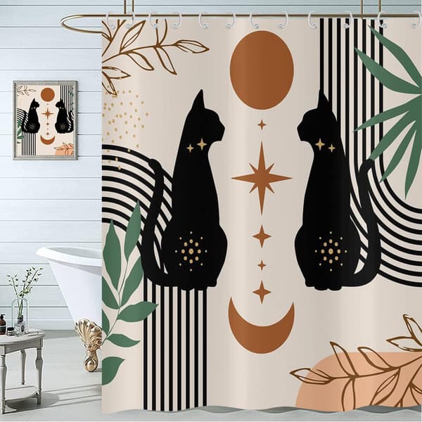 Boho Bruseforhæng 180x180, Abstrakt Sort Kat Blad Måne Stjerne Beige Badeværelsesgardin Moderne Terrakotta Kunst Æstetisk Vandtæt Polyester Fab