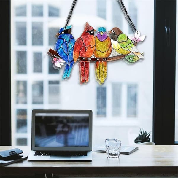 Birds on a Branch Stained Glass - Stained Glass Window Hanging, Double-Sided Panel, Window Decoration