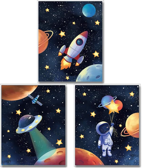 Astronaut Rymd Canvas Målning för 3 Delar, Spelrum Väggdekor, Solsystem Raket Väggposter
