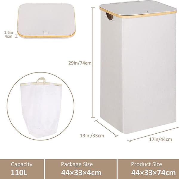 110 liter Laundry Hamper with Mesh Pocket and Lid (Beige), Bamboo Handles, XXL Foldable Laundry Basket