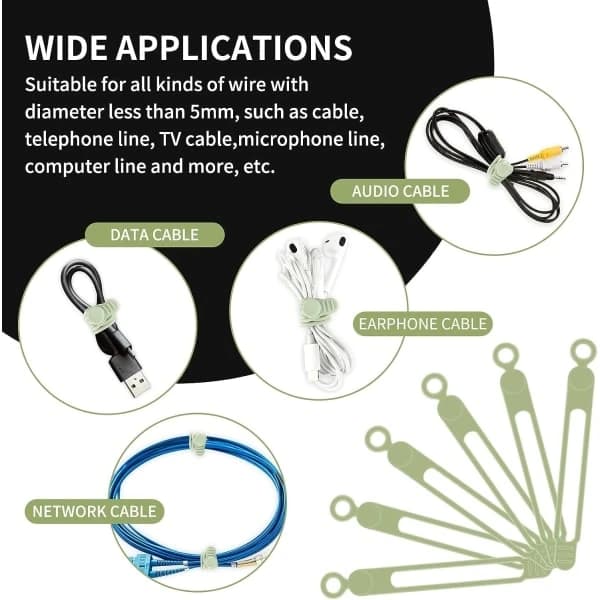 Reusable Silicone Cable Ties 16 Pcs Cable Straps Cable Organizer for Headphones Phone Charger Audio Cable Computer (16 Pcs, Green)