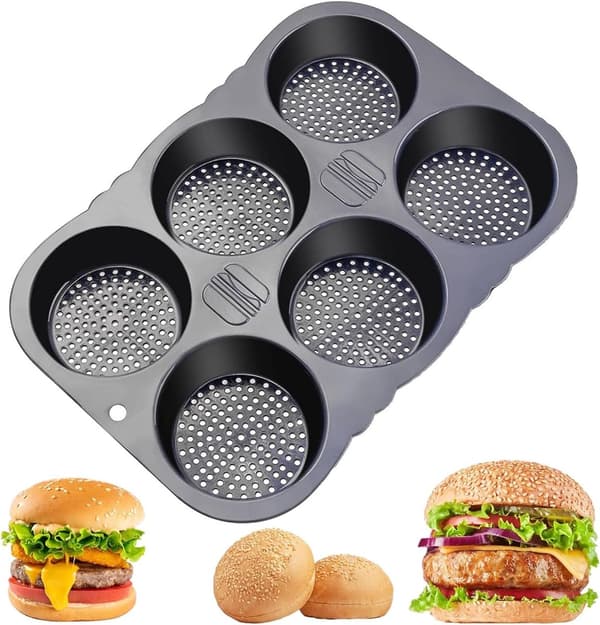 34 cm Silikoneform - Hamburgerboller - Non-stick - Varmebestandig - Form - 6 Huller - Bageplade - Hamburgere - Sort