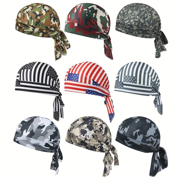 9 Pcs Cooling Durags Set - Breathable Polyester Headwraps for Running, Motorcycle & Outdoors, Camo & USA Flag Design 9 Pack