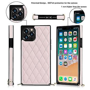 iPhone 14 Case with Chain in PU Leather Datura Diamond Lattice (Pink)