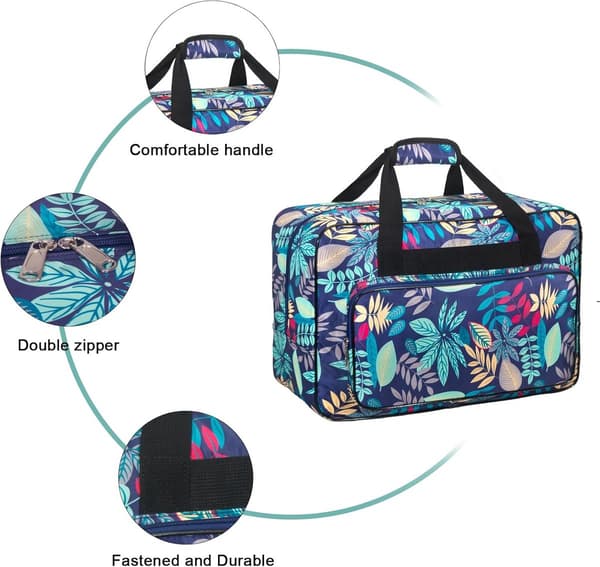 Universal Sewing Machine Bag, Nylon Storage Bag with Padded Handle and Accessory Pockets for Travel and Classes, Blue Leaf Pattern 43x23x32cm