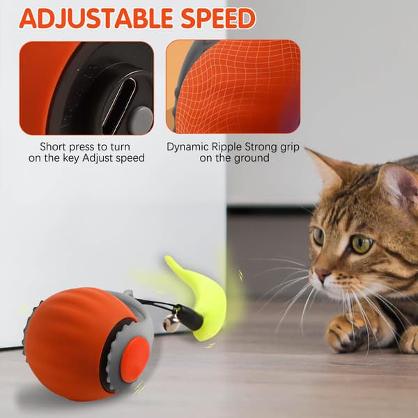 Interactive Cat Toy Automatic Rolling Ball with Tail Two Speed Adjustments Enriching Play Orange Blue