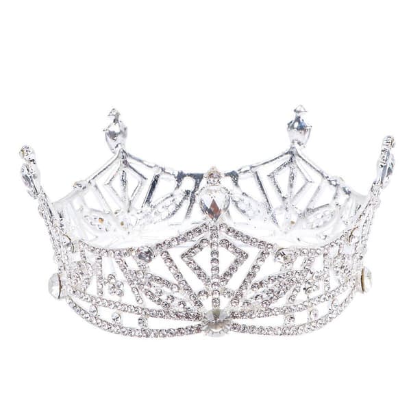 Retro Crown Rund Stor Krone Rhinestone Dekor Bryllupskrone til Brud Kvinde Dame (Som Vist)