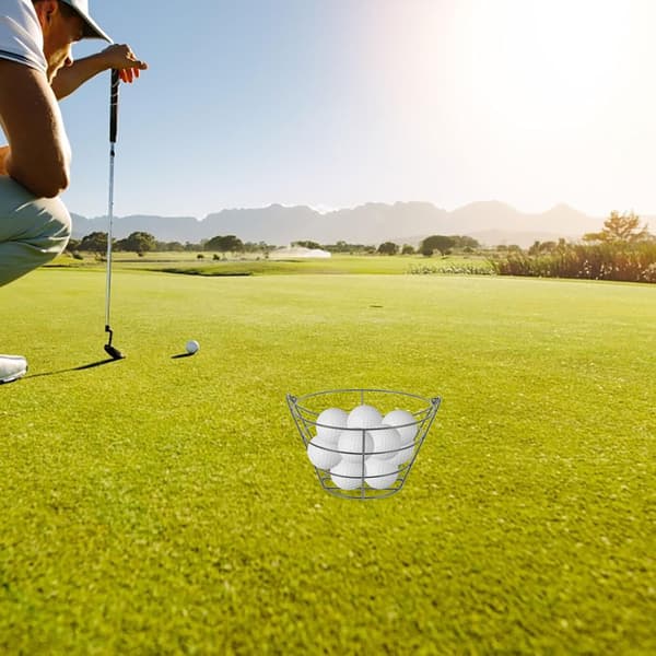 Golfboldkurv af stål med greb, sølv golfboldbeholder til 30 bolde, minimal opbevaringsplads, udendørs golftræning