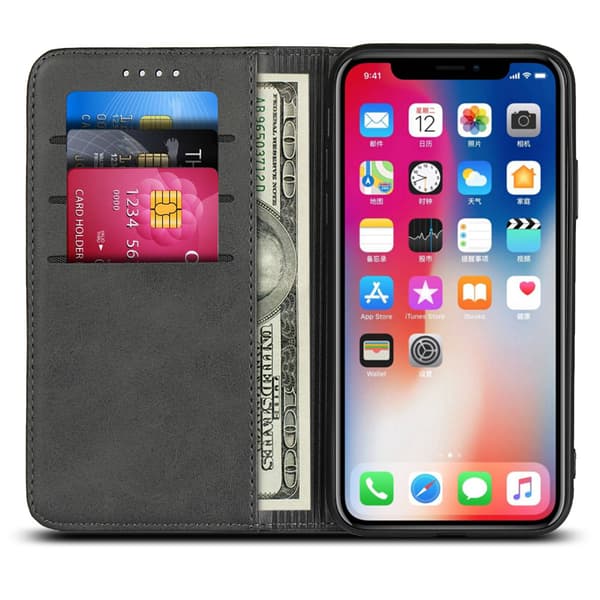 Svart Plånboksfodral, Premium Läderfodral Folio Flipskydd med Ställ Trådlös Laddning fo