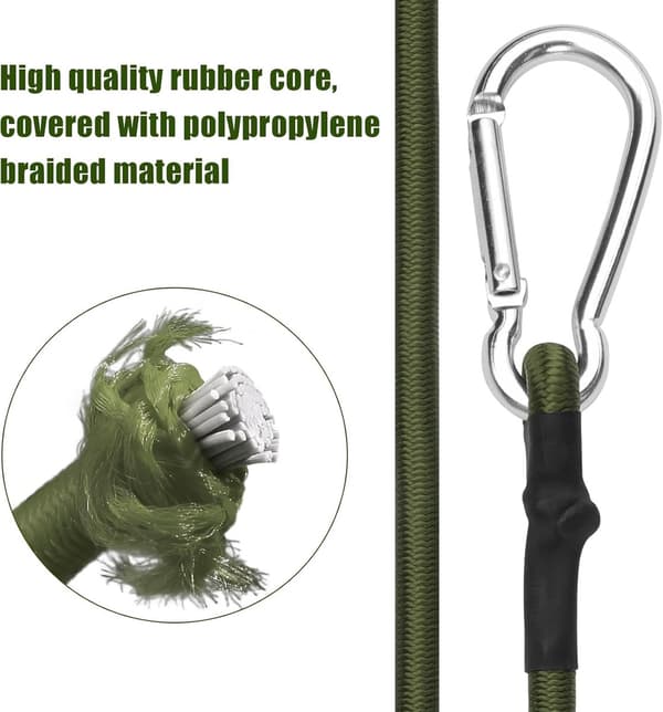Strikk med karabinkrok, 4-pakning 30 cm, grønn, elastisk for bagasje og camping