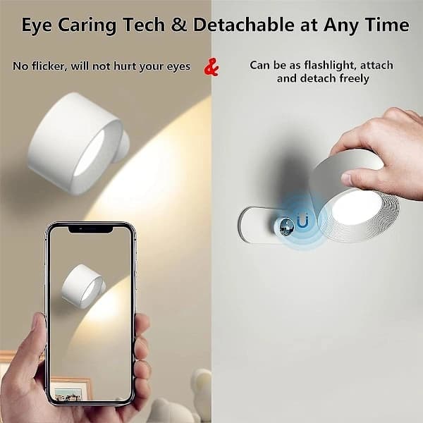 Indoor Wall Lamp, USB Rechargeable Battery Light, Warm/Natural/White Light, 3 Brightness Levels