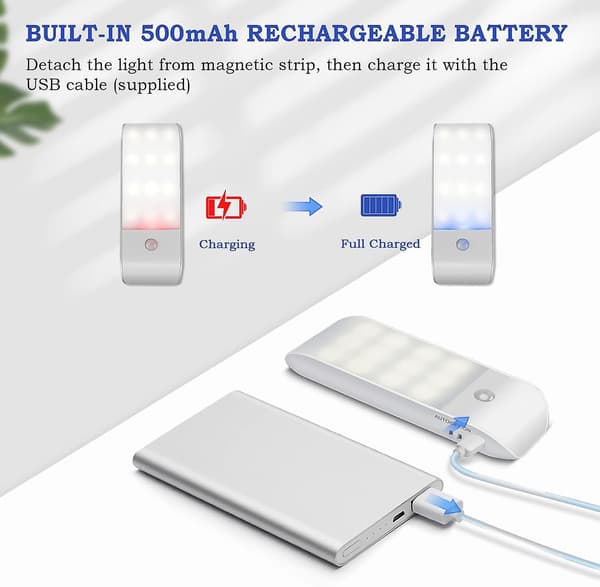 Automatic LED Night Light [2-pack], 12 LED USB Rechargeable Wardrobe Night Light with Motion Sensor Magnetic Adhesive Strip, 3 Modes (Auto/On/Off)